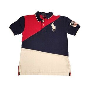 Polo Ralph Lauren Red White Blue Polo Shirt w/ Flag Big Pony Boys Size Small 8